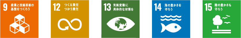 SDGs17の目標 9.産業と技術革新の基盤を作ろう 12.つくる責任、つかう責任 13.気候変動に具体的な対策を 14.海の豊かさを守ろう 15.陸の豊かさも守ろう